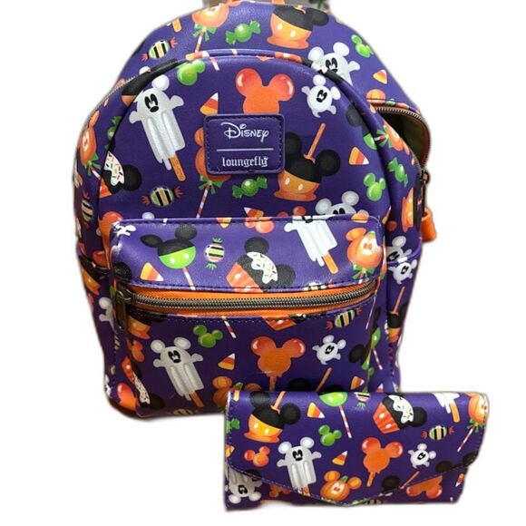 Loungefly Handbags - Disney Loungefly Halloween Backpack & Wallet Purple Orange MNSSHP Treats Print